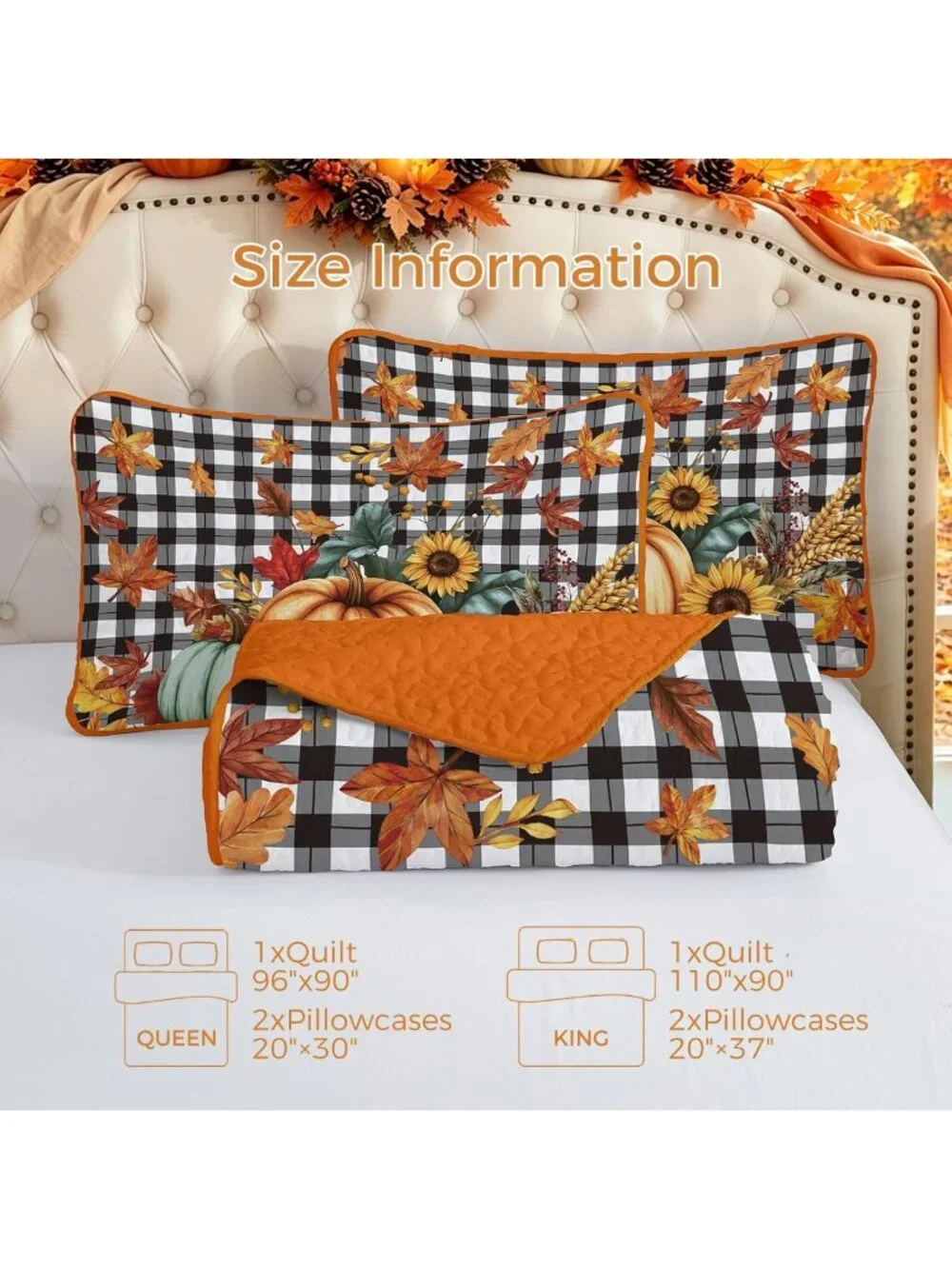 Cozy Fall Pumpkin Quilt Set Queen | Thanksgiving Bedspread for Autumn Decor